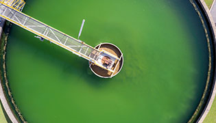Aerial view of water treatment tank with green water